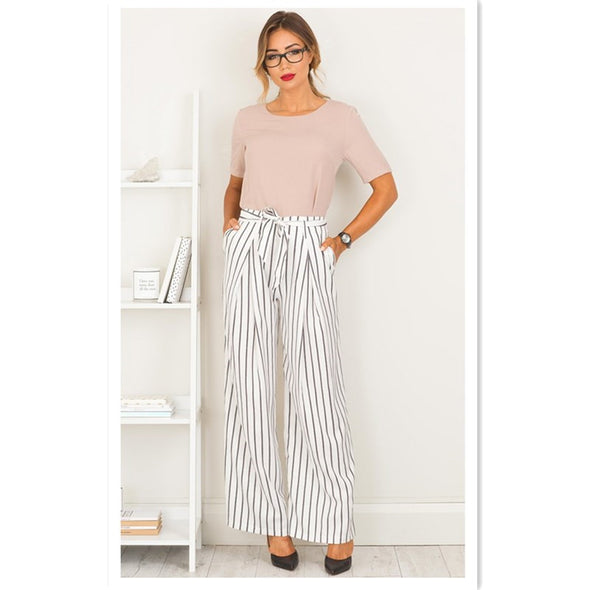 New Hot Fashion Women Fashion Striped Belt Wide-leg Pants Casual Pants