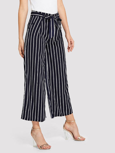 New Hot Fashion Women Fashion Striped Belt Wide-leg Pants Casual Pants