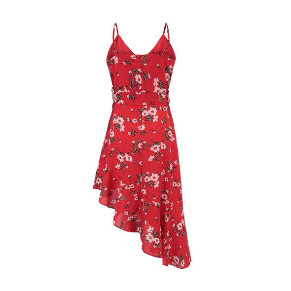 Chiffon Print Sexy Strap V-neck Backless Red Dress