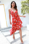 Chiffon Print Sexy Strap V-neck Backless Red Dress