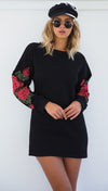 Fashion O-Neck Long Sleeve Embroidery Shirt Straight Dress