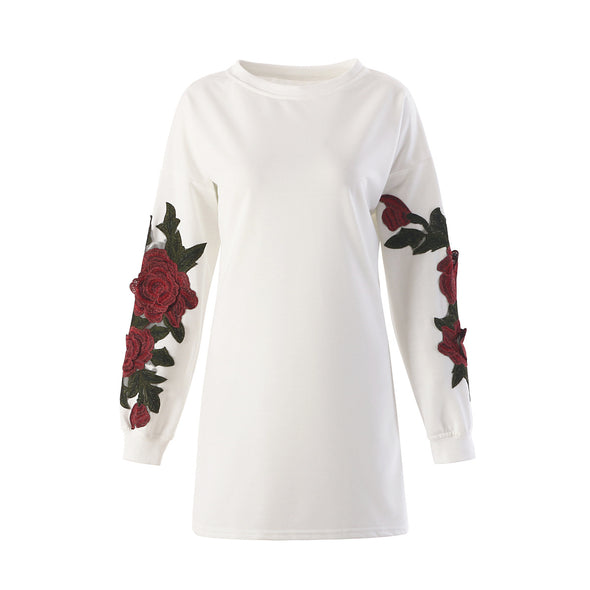 Fashion O-Neck Long Sleeve Embroidery Shirt Straight Dress