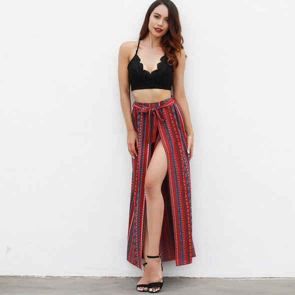 Sexy High split stripe wide leg pants women Summer beach