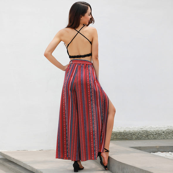 Sexy High split stripe wide leg pants women Summer beach