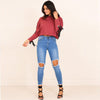 Casual O-Neck Long Sleeve Eyelets Lace Up Short All-match Pullover