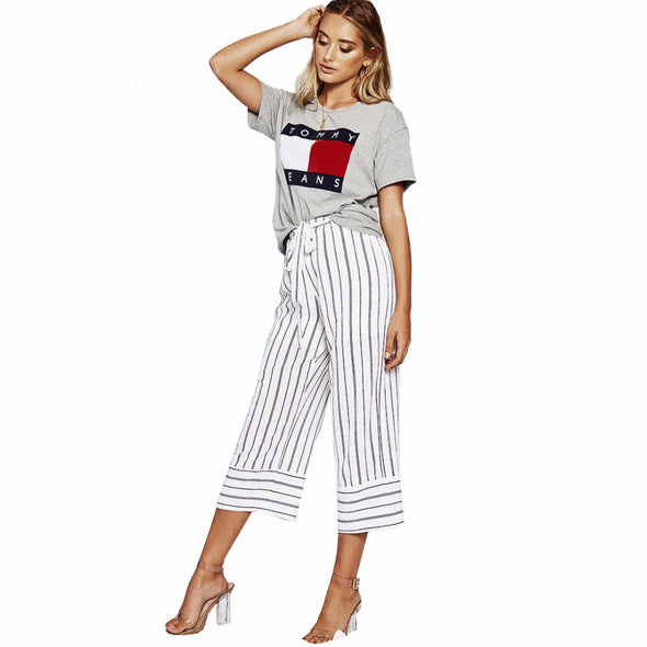 2022 Fashion  Casual Loose Striped White Wide Leg Pants