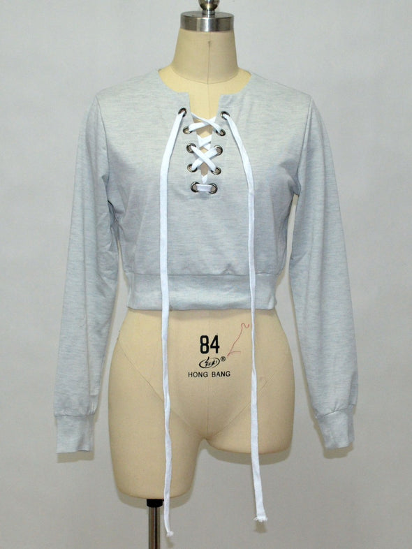 Bandage Decoration V-Neck Long Sleeve Short Hoodies Pullovers