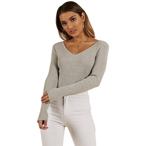 Backless Sexy Fashion V-Neck Knitted Casual Sweater