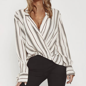 Spring Autumn V-Neck Long Sleeve Striped Casual Blouse