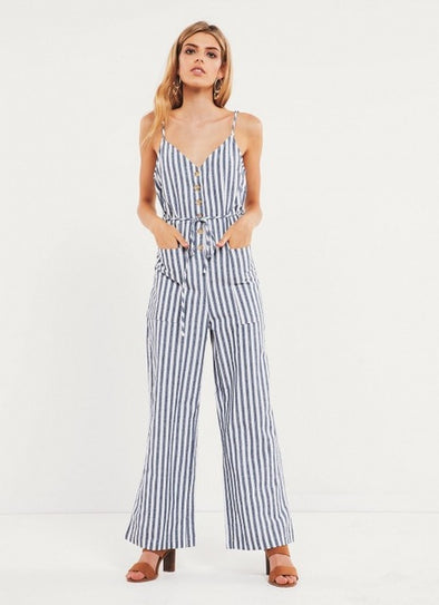 Summer Fashion V-neck belt striped Casual jumpsuit