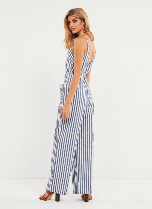 Summer Fashion V-neck belt striped Casual jumpsuit