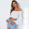 2022 summer new style elastic flared sleeve short paragraph shoulder T-shirt top