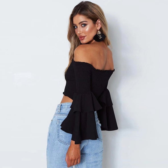 2022 summer new style elastic flared sleeve short paragraph shoulder T-shirt top