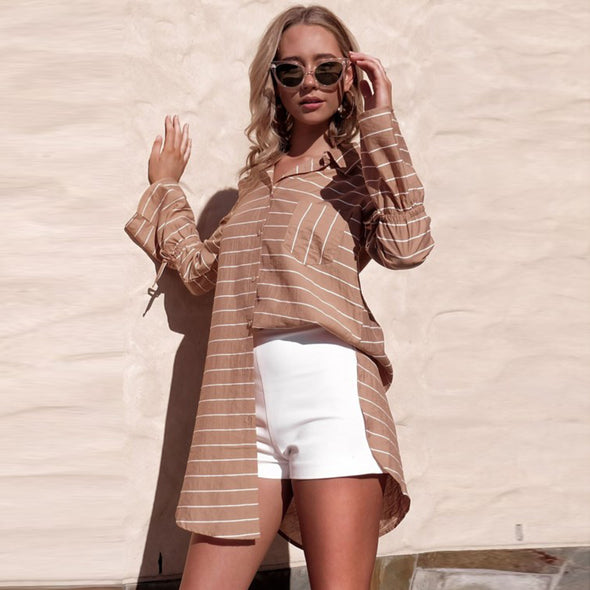 Casual Turn-Down Collar Striped Ruffles Irregular Streetwear Shirt