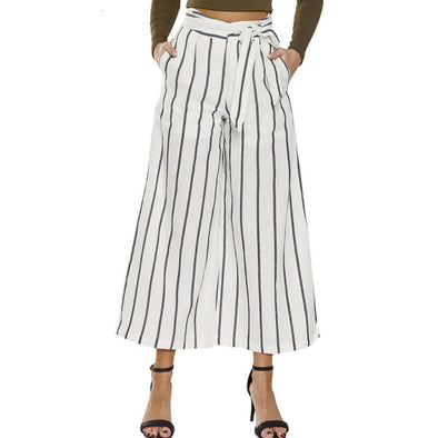 Casual Striped Wide-Leg Lace Up High Waist Loose Pants