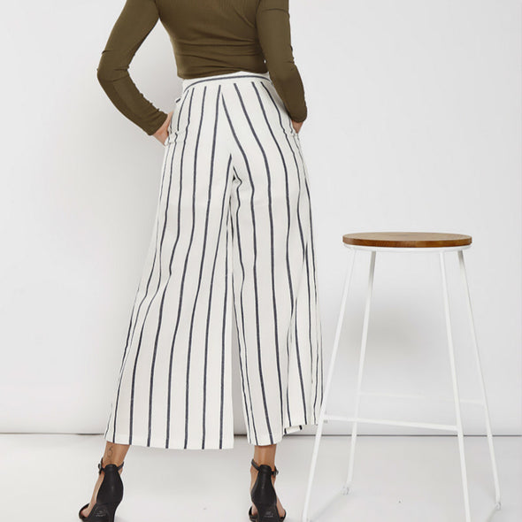 Casual Striped Wide-Leg Lace Up High Waist Loose Pants