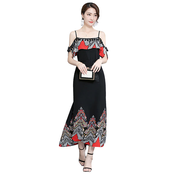 2022 Summer Floral Print Chiffon  Women Spaghetti Strap Belt Maxi Dress