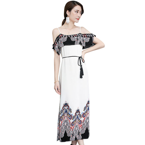 2022 Summer Floral Print Chiffon  Women Spaghetti Strap Belt Maxi Dress