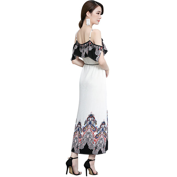 2022 Summer Floral Print Chiffon  Women Spaghetti Strap Belt Maxi Dress