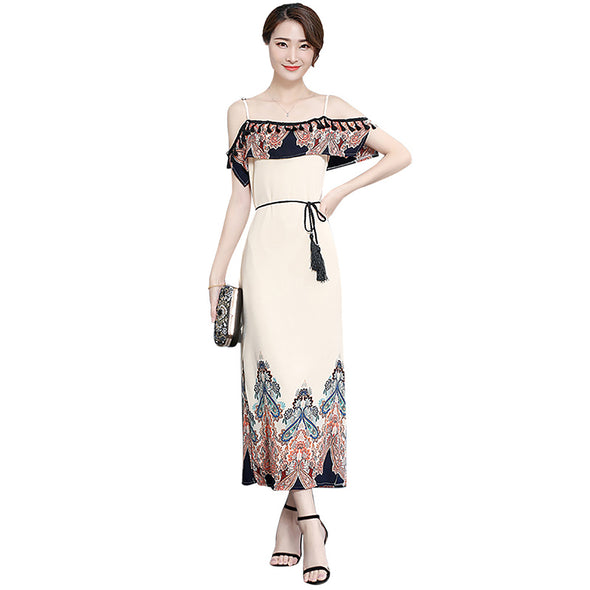 2022 Summer Floral Print Chiffon  Women Spaghetti Strap Belt Maxi Dress