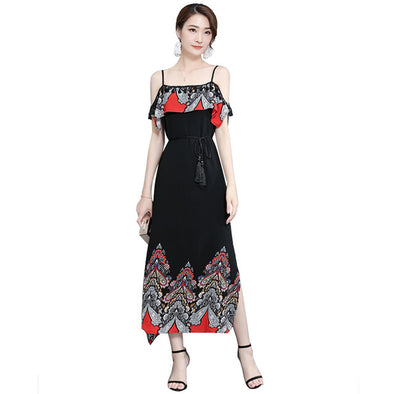 2022 Summer Floral Print Chiffon  Women Spaghetti Strap Belt Maxi Dress