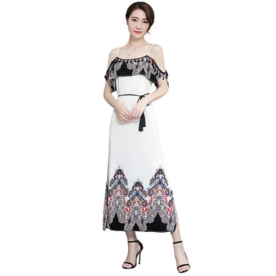 2022 Summer Floral Print Chiffon  Women Spaghetti Strap Belt Maxi Dress