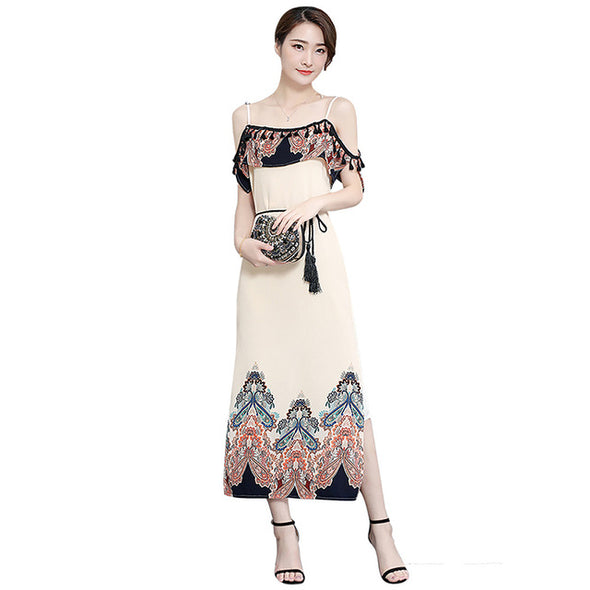 2022 Summer Floral Print Chiffon  Women Spaghetti Strap Belt Maxi Dress