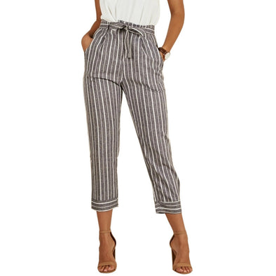 Casual High Waist Striped Lace Up Slim Pants