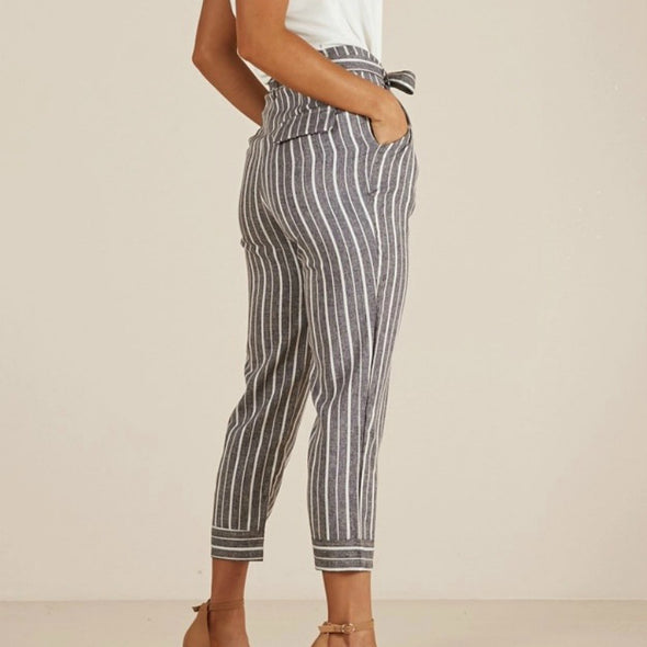 Casual High Waist Striped Lace Up Slim Pants