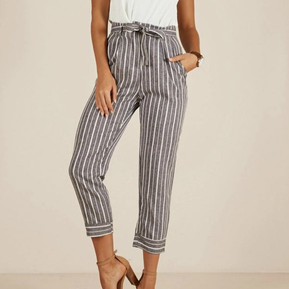 Casual High Waist Striped Lace Up Slim Pants