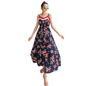 Women Strap Floral Print Chiffon Bench Maxi Dress