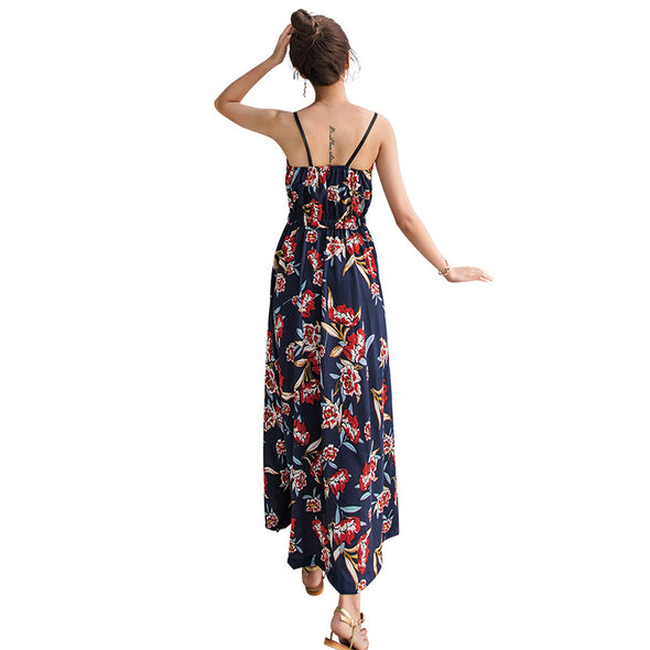 Women Strap Floral Print Chiffon Bench Maxi Dress