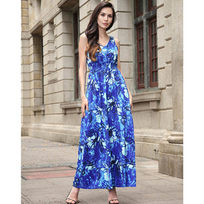 2022 Women Retro Floral Print V Neck Sleeveless Tank Bohemian Long Maxi Dress