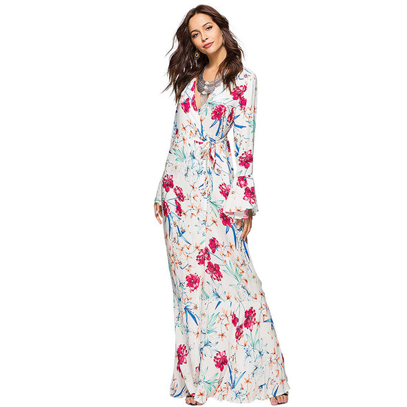 Boho Maxi Floral Print Sexy V Neck  High Split Flare Sleeve Dresses