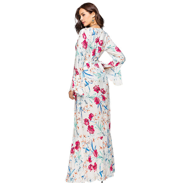 Boho Maxi Floral Print Sexy V Neck  High Split Flare Sleeve Dresses