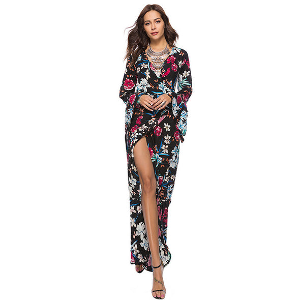 Boho Maxi Floral Print Sexy V Neck  High Split Flare Sleeve Dresses