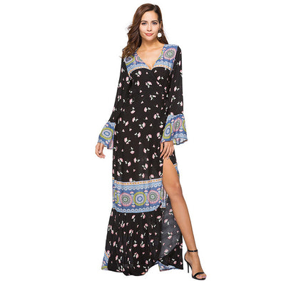 Boho Maxi Floral Print Sexy V Neck  High Split Flare Sleeve Dresses