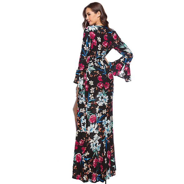 Boho Maxi Floral Print Sexy V Neck  High Split Flare Sleeve Dresses