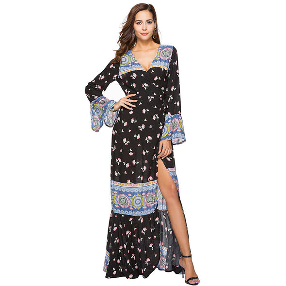 Boho Maxi Floral Print Sexy V Neck  High Split Flare Sleeve Dresses