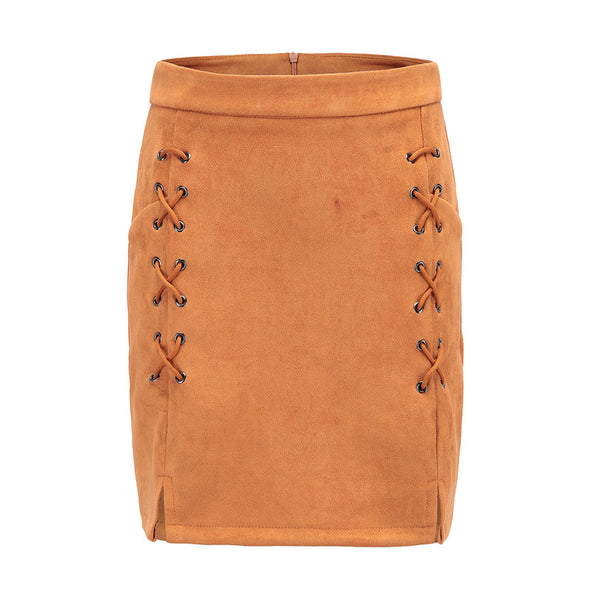 Women Fashion Suede Lace-up A-line Chamois Leather Skirts