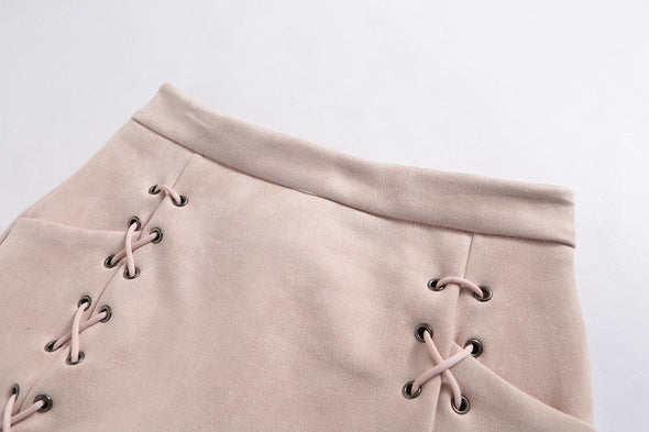 Women Fashion Suede Lace-up A-line Chamois Leather Skirts