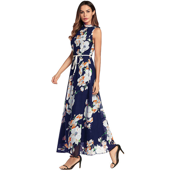 Chiffon Boho Style Off Shoulder Floral Print With Belt Beach Maxi Dress