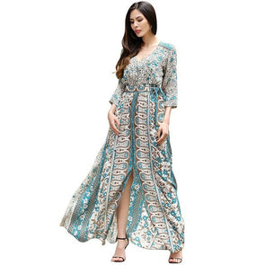 2022 Summer  Floral Print Chiffon 3/4 Sleeve Casual  Boho Maxi Dress