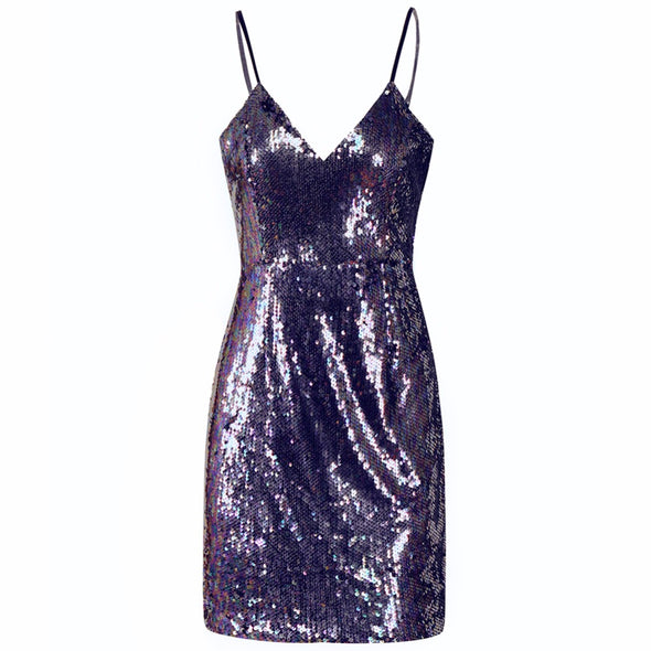 Summer new sexy deep V bag hip strap sequin dress