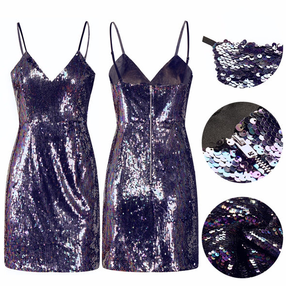 Summer new sexy deep V bag hip strap sequin dress