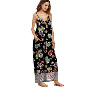 Women Boho Floral Print Backless V Neck Maxi Dress