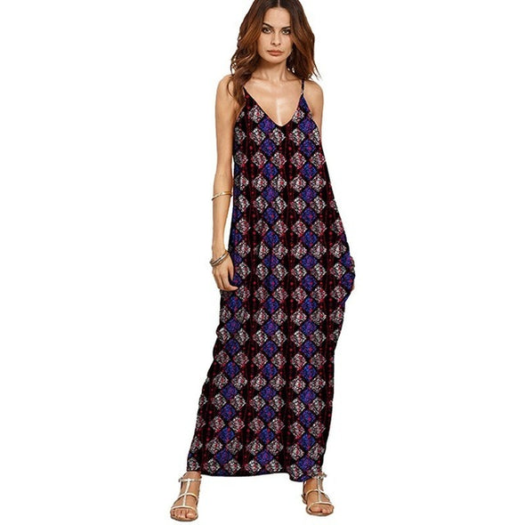 Women Boho Floral Print Backless V Neck Maxi Dress