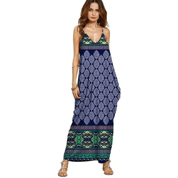 Women Boho Floral Print Backless V Neck Maxi Dress