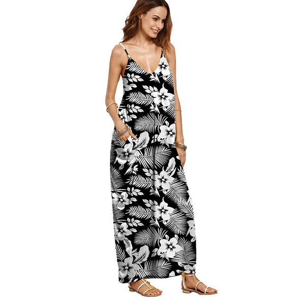 Women Boho Floral Print Backless V Neck Maxi Dress