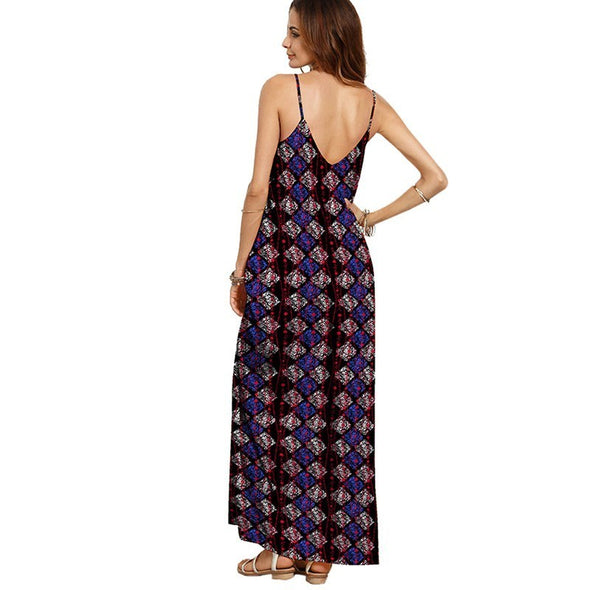 Women Boho Floral Print Backless V Neck Maxi Dress